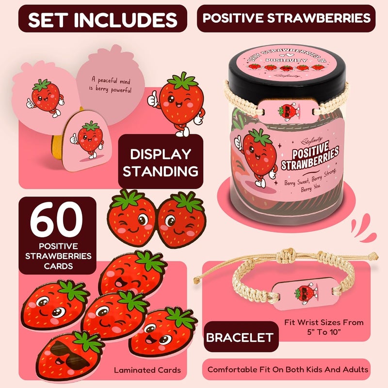 STOFINITY Emotional Support Strawberries Jar - Positive Strawberry Gifts For Women, Girls, 60 Daily Affirmation Cards For Teen Girls Trendy Stuff, Christmas Motivational Desk Decor Gifts - Image 2